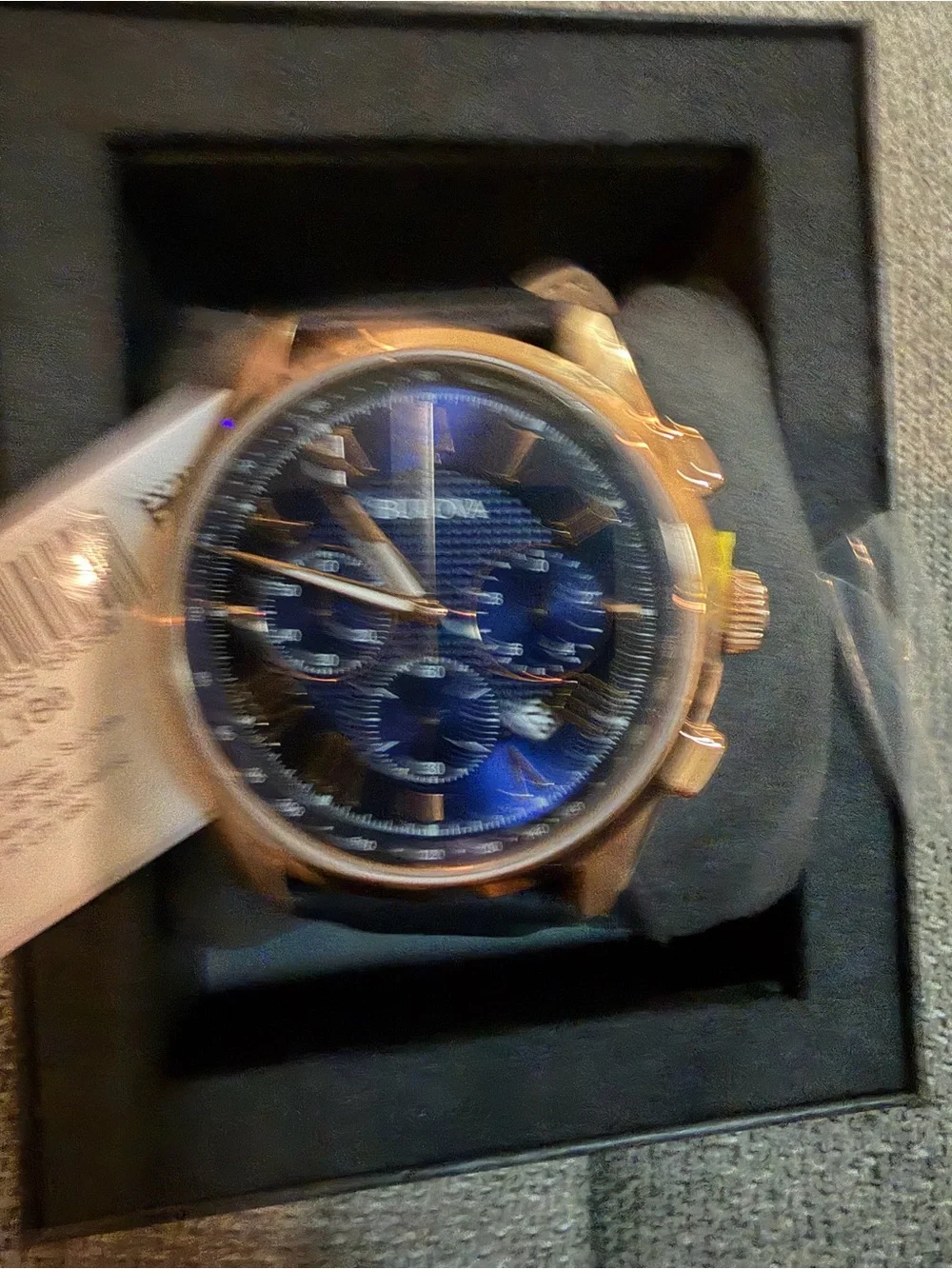 Bulova Rose Gold Case Blue Dial Chronograph with Black Strap